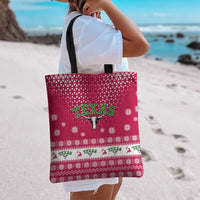 Texas Christmas Tote Bag with Red and White Snowflake Pattern Longhorn Skull and Christmas Cactus Motif - Wonder Print Shop