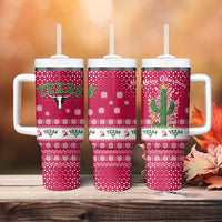 Texas Christmas Tumbler With Handle with Red and White Snowflake Pattern Longhorn Skull and Christmas Cactus Motif - Wonder Print Shop