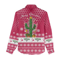Texas Christmas Women Casual Shirt with Red and White Snowflake Pattern Longhorn Skull and Christmas Cactus Motif - Wonder Print Shop