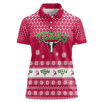 Texas Christmas Women Polo Shirt with Red and White Snowflake Pattern Longhorn Skull and Christmas Cactus Motif - Wonder Print Shop
