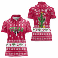 Texas Christmas Women Polo Shirt with Red and White Snowflake Pattern Longhorn Skull and Christmas Cactus Motif - Wonder Print Shop