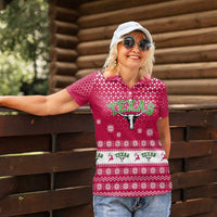 Texas Christmas Women Polo Shirt with Red and White Snowflake Pattern Longhorn Skull and Christmas Cactus Motif - Wonder Print Shop