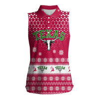 Texas Christmas Women Sleeveless Polo Shirt with Red and White Snowflake Pattern Longhorn Skull and Christmas Cactus Motif - Wonder Print Shop