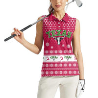 Texas Christmas Women Sleeveless Polo Shirt with Red and White Snowflake Pattern Longhorn Skull and Christmas Cactus Motif - Wonder Print Shop