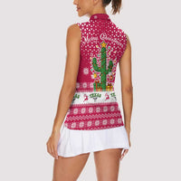 Texas Christmas Women Sleeveless Polo Shirt with Red and White Snowflake Pattern Longhorn Skull and Christmas Cactus Motif - Wonder Print Shop