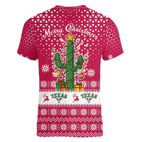 Texas Christmas Women V-Neck T-Shirt with Red and White Snowflake Pattern Longhorn Skull and Christmas Cactus Motif - Wonder Print Shop