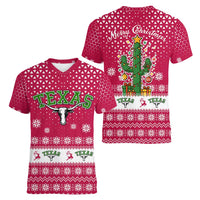 Texas Christmas Women V-Neck T-Shirt with Red and White Snowflake Pattern Longhorn Skull and Christmas Cactus Motif - Wonder Print Shop