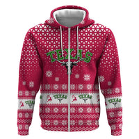 Texas Christmas Zip Hoodie with Red and White Snowflake Pattern Longhorn Skull and Christmas Cactus Motif - Wonder Print Shop