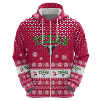 Texas Christmas Zip Hoodie with Red and White Snowflake Pattern Longhorn Skull and Christmas Cactus Motif - Wonder Print Shop