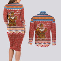 Angola Christmas Couples Matching Long Sleeve Bodycon Dress and Long Sleeve Button Shirt with Red Snowflake Pattern Tribal Santa Claus Motif - Wonder Print Shop