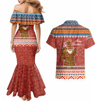 Angola Christmas Couples Matching Mermaid Dress and Hawaiian Shirt with Red Snowflake Pattern Tribal Santa Claus Motif - Wonder Print Shop