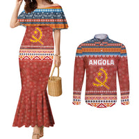 Angola Christmas Couples Matching Mermaid Dress and Long Sleeve Button Shirt with Red Snowflake Pattern Tribal Santa Claus Motif - Wonder Print Shop