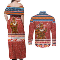 Angola Christmas Couples Matching Off Shoulder Maxi Dress and Long Sleeve Button Shirt with Red Snowflake Pattern Tribal Santa Claus Motif - Wonder Print Shop