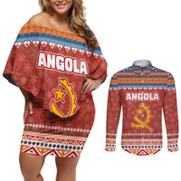 Angola Christmas Couples Matching Off Shoulder Short Dress and Long Sleeve Button Shirt with Red Snowflake Pattern Tribal Santa Claus Motif - Wonder Print Shop