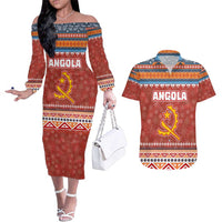 Angola Christmas Couples Matching Off The Shoulder Long Sleeve Dress and Hawaiian Shirt with Red Snowflake Pattern Tribal Santa Claus Motif - Wonder Print Shop
