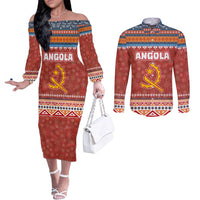 Angola Christmas Couples Matching Off The Shoulder Long Sleeve Dress and Long Sleeve Button Shirt with Red Snowflake Pattern Tribal Santa Claus Motif - Wonder Print Shop