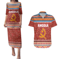 Angola Christmas Couples Matching Puletasi and Hawaiian Shirt with Red Snowflake Pattern Tribal Santa Claus Motif - Wonder Print Shop