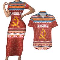 Angola Christmas Couples Matching Short Sleeve Bodycon Dress and Hawaiian Shirt with Red Snowflake Pattern Tribal Santa Claus Motif - Wonder Print Shop