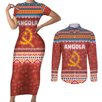 Angola Christmas Couples Matching Short Sleeve Bodycon Dress and Long Sleeve Button Shirt with Red Snowflake Pattern Tribal Santa Claus Motif - Wonder Print Shop