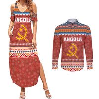 Angola Christmas Couples Matching Summer Maxi Dress and Long Sleeve Button Shirt with Red Snowflake Pattern Tribal Santa Claus Motif - Wonder Print Shop
