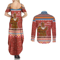 Angola Christmas Couples Matching Summer Maxi Dress and Long Sleeve Button Shirt with Red Snowflake Pattern Tribal Santa Claus Motif - Wonder Print Shop