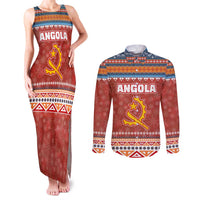 Angola Christmas Couples Matching Tank Maxi Dress and Long Sleeve Button Shirt with Red Snowflake Pattern Tribal Santa Claus Motif - Wonder Print Shop