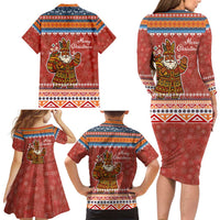 Angola Christmas Family Matching Long Sleeve Bodycon Dress and Hawaiian Shirt with Red Snowflake Pattern Tribal Santa Claus Motif - Wonder Print Shop
