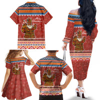 Angola Christmas Family Matching Off The Shoulder Long Sleeve Dress and Hawaiian Shirt with Red Snowflake Pattern Tribal Santa Claus Motif - Wonder Print Shop
