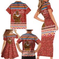 Angola Christmas Family Matching Short Sleeve Bodycon Dress and Hawaiian Shirt with Red Snowflake Pattern Tribal Santa Claus Motif - Wonder Print Shop