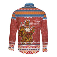 Angola Christmas Long Sleeve Button Shirt with Red Snowflake Pattern Tribal Santa Claus Motif - Wonder Print Shop