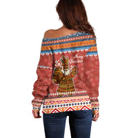 Angola Christmas Off Shoulder Sweater with Red Snowflake Pattern Tribal Santa Claus Motif - Wonder Print Shop