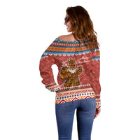 Angola Christmas Off Shoulder Sweater with Red Snowflake Pattern Tribal Santa Claus Motif - Wonder Print Shop