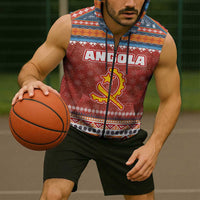 Angola Christmas Sleeveless Zip Hoodie with Red Snowflake Pattern Tribal Santa Claus Motif - Wonder Print Shop