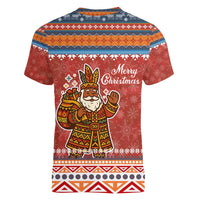Angola Christmas Women V-Neck T-Shirt with Red Snowflake Pattern Tribal Santa Claus Motif - Wonder Print Shop