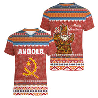 Angola Christmas Women V-Neck T-Shirt with Red Snowflake Pattern Tribal Santa Claus Motif - Wonder Print Shop