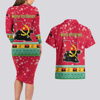 Angola Christmas Couples Matching Long Sleeve Bodycon Dress and Hawaiian Shirt with Santa, Gifts, and National Flag Map Motif - Wonder Print Shop