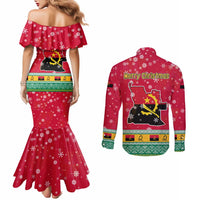 Angola Christmas Couples Matching Mermaid Dress and Long Sleeve Button Shirt with Santa, Gifts, and National Flag Map Motif - Wonder Print Shop