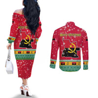 Angola Christmas Couples Matching Off The Shoulder Long Sleeve Dress and Long Sleeve Button Shirt with Santa, Gifts, and National Flag Map Motif - Wonder Print Shop