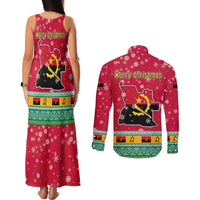 Angola Christmas Couples Matching Tank Maxi Dress and Long Sleeve Button Shirt with Santa, Gifts, and National Flag Map Motif - Wonder Print Shop