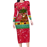 Angola Christmas Long Sleeve Bodycon Dress with Santa, Gifts, and National Flag Map Motif - Wonder Print Shop