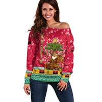 Angola Christmas Off Shoulder Sweater with Santa, Gifts, and National Flag Map Motif - Wonder Print Shop