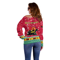 Angola Christmas Off Shoulder Sweater with Santa, Gifts, and National Flag Map Motif - Wonder Print Shop