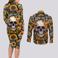 Shine Like A Sunflower Skull Couples Matching Long Sleeve Bodycon Dress and Long Sleeve Button Shirts - Wonder Print Shop