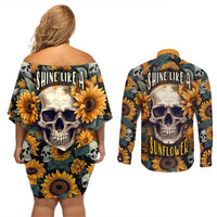 Shine Like A Sunflower Skull Couples Matching Off Shoulder Short Dress and Long Sleeve Button Shirts - Wonder Print Shop
