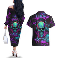 Music Is My Only Friend Skull Couples Matching Off The Shoulder Long Sleeve Dress and Hawaiian Shirt - Wonder Print Shop