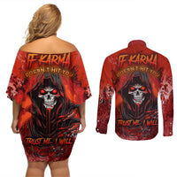 If Karma Doesn't Hit You Trust Me I Will Couples Matching Off Shoulder Short Dress and Long Sleeve Button Shirts - Wonder Print Shop