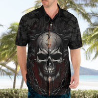Black Hawaiian shirt worn by man, skull chest graphic with red chain details