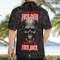 Black Hawaiian shirt worn by man, back skull graphic with red neon text