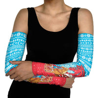 Azerbaijan Christmas Arm Sleeves with Santa Riding Horse Red Flame Motif and Blue Islamic Pattern Design - Wonder Print Shop