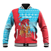 Azerbaijan Christmas Baseball Jacket with Santa Riding Horse Red Flame Motif and Blue Islamic Pattern Design - Wonder Print Shop
